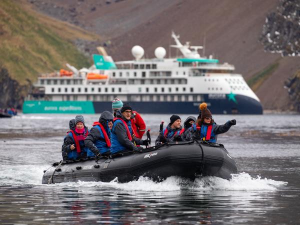 Aurora Expeditions expedition ship with X-bow design in polar waters